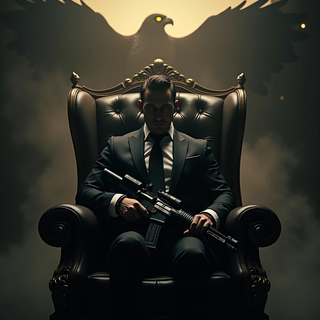 Create a realistic image where a man wearing black luxury suit and sitting on king size chair, he's holding a m416 gun in his hand, there is smoke in background a shadow of eagle and eagle eyes is glowing in yellow colour. In background the name "chico" is showing in bold effects just attached above the chair the head of the character as per his name.