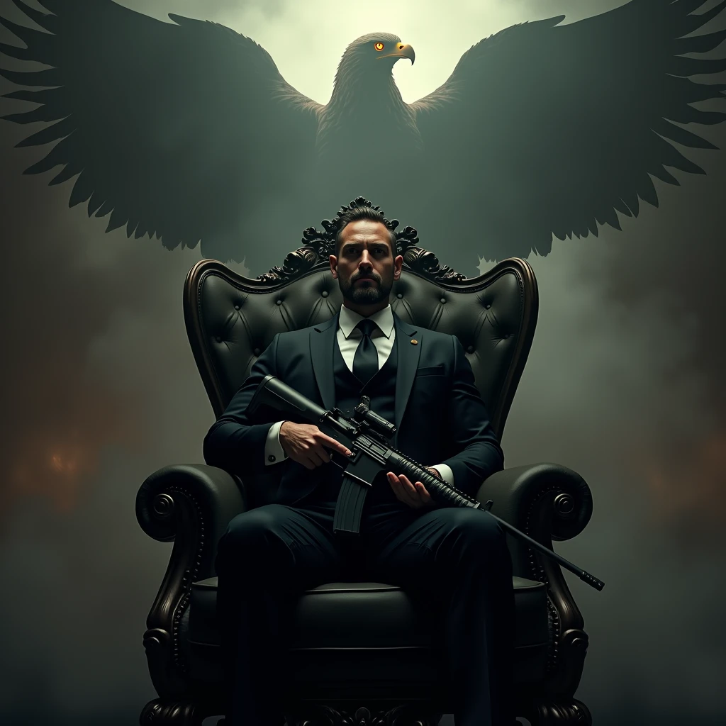 Create a realistic image where a man wearing black luxury suit and sitting on king size chair, he's holding a m416 gun in his hand, there is smoke in background a shadow of eagle and eagle eyes is glowing in yellow colour. In background the name "chico" is showing in bold effects just attached above the chair the head of the character as per his name.