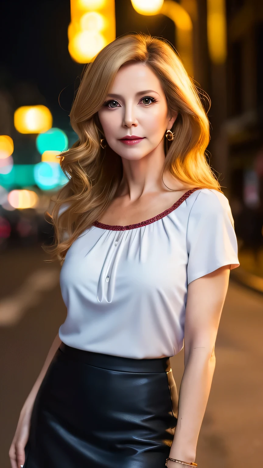 beautiful mature woman with a fit body, short skirt, low-cut blouse, long wavy dark blonde hair, standing on a nice city street, detailed portrait, photorealistic, cinematic lighting, 8k, best quality