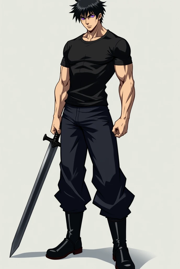 A 3 anime guy with tall, black hair and muscles, wearing a black T-shirt, black pants, long leather shoes, radiant purple eyes, holding a sword in his hand and looking with a cold gaze.