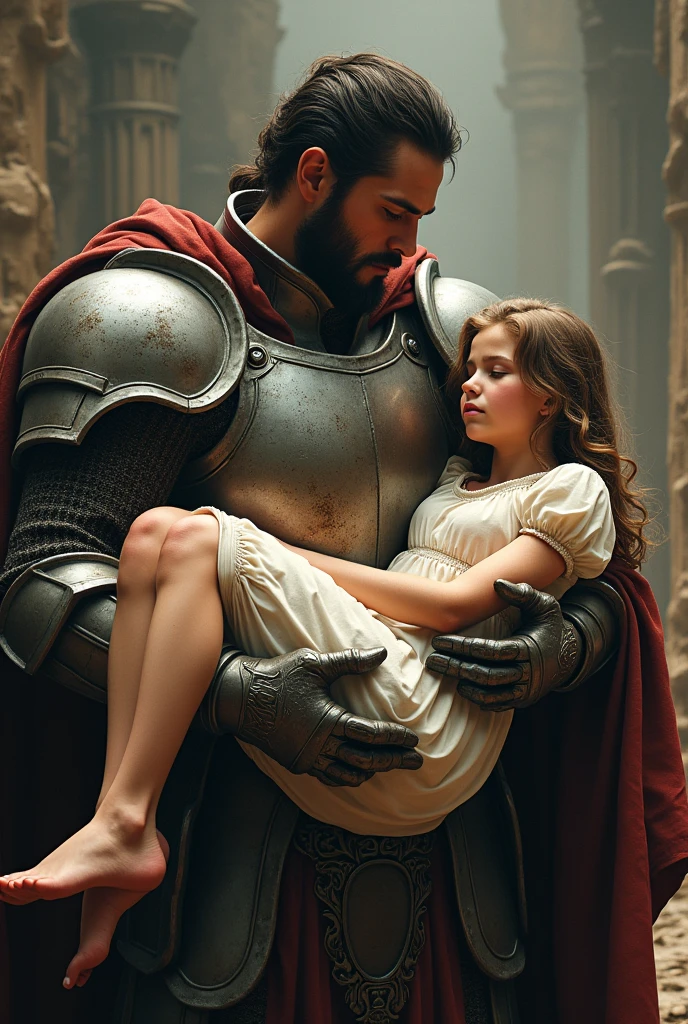 Greg Hildebrandt style. The mighty hero holds an exhausted girl in a light dress in his arms, a full-length shot, high detail, detailed shining armor, dynamic shot, detailed background, clear focus, mail art, concept art, cinematography, contour clarity of the image, 4K, ultra-realistic, photorealistic.
