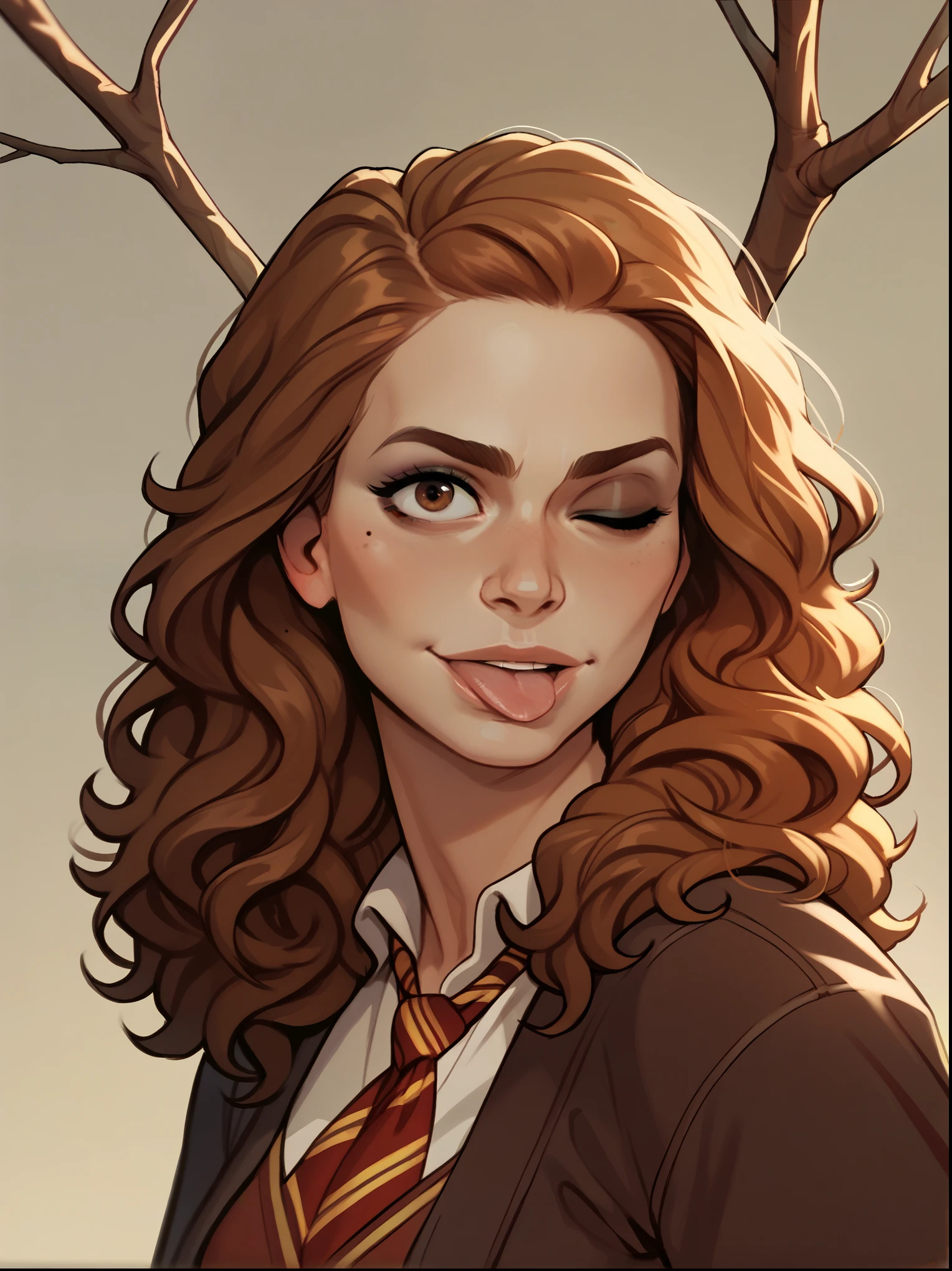 score_9, score_8_up,score_7_up, score_6_up, score_5_up, score_4_up, woman, best quality, highres, portrait, solo, beautiful, long red hair, brown eyes, makeup, lips, hermione granger, wink, grimace, stick out your tongue