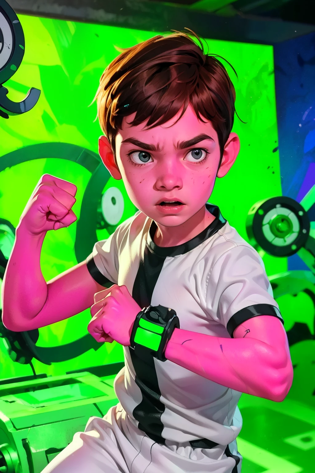 Movie poster, Ben 10 ((A ,  4 years((wearing a white outfit with black stripe in the center, showing fist. Machine on arm. Action facial expression )) . highy detailed, face detailed, realisitic, cinematic lighting, studio quality, proffesional, face detailed, intrikate, bright coloured. ((abstract background)).