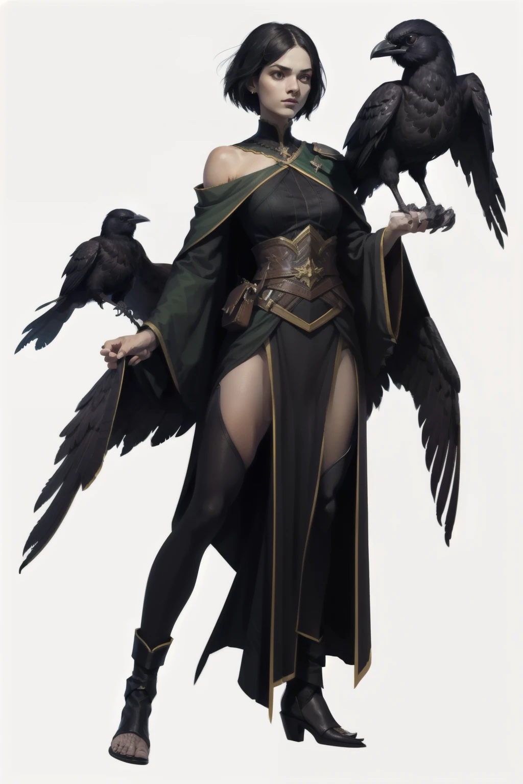 RPG character, I want a character with a white background, png, ten mens, Woman, with crow on shoulder, black clothes with dark green details, black short hair, Full-body image, white skin color,Woman, sexly, slim body
