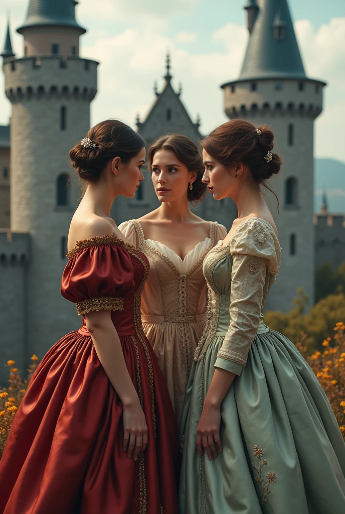 three women dressed in period clothing, in the background a castle