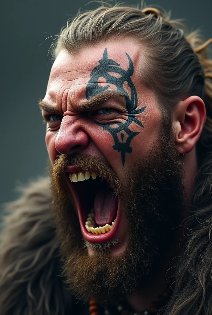 Ultra realistic Viking screaming with teeth bared with a Norse tattoo around his eye and with his eyes open