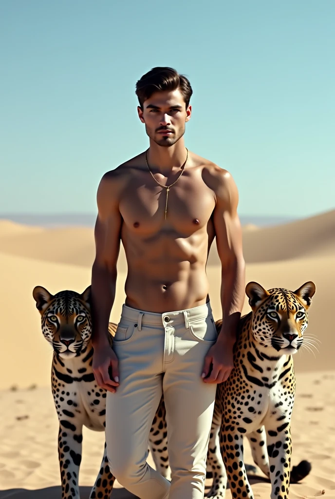 A handsome beautiful slim white skin shirtless man in the desert with two leopards