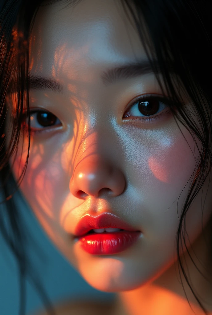Hyperrealistic close-up of a young Korean woman's face. Dramatic lighting with warm red light on one side and cool blue light on the other. Flawless skin with visible texture and pores. Expressive dark eyes with defined lashes. Perfectly defined eyebrows. Full, glossy lips with a hint of color. Straight black hair partially visible. Sharp focus on facial details with a shallow depth of field.