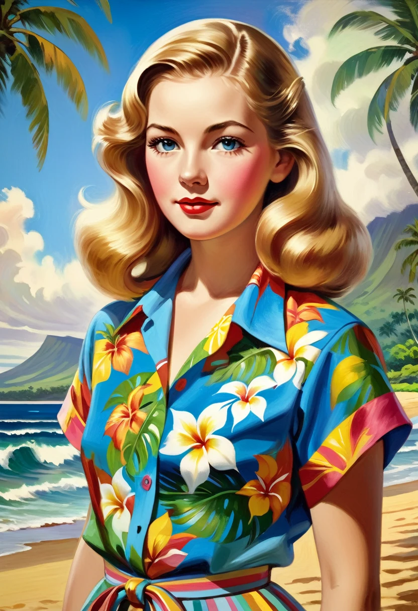 young Catherine Blackwood in a Hawaiian shirt (Arthur-Sarnoff style),empire very colorful, ((oil painting palette)), ((masterpiece)), extreme detail, perspective, 8k,