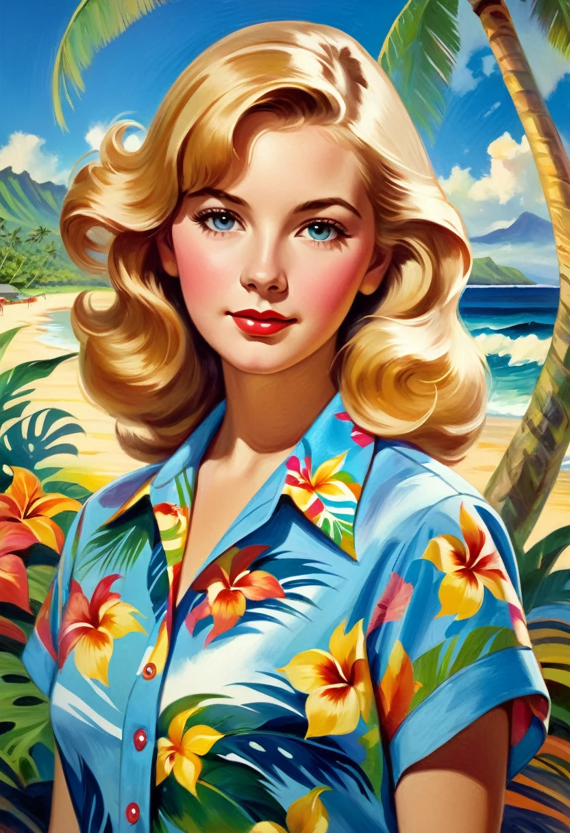 young Catherine Blackwood in a Hawaiian shirt (Arthur-Sarnoff style),empire very colorful, ((oil painting palette)), ((masterpiece)), extreme detail, perspective, 8k,