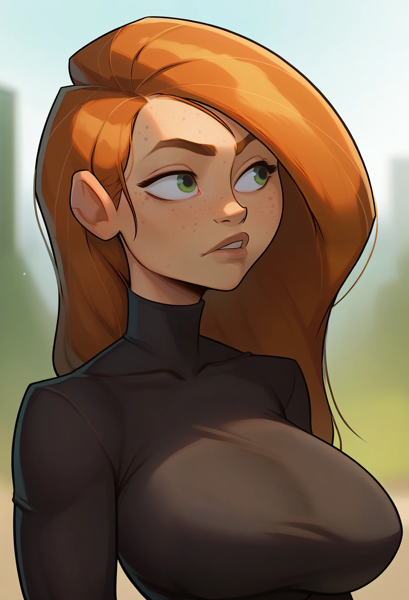 score_9, score_7_up, 1girl, solo, kim possible, portrait, black turtleneck sweater, simple background, blurry background, freckles, large , (((looking to the viewer))), (((look ahead))), photoshoot, best quality, highres, bashful kinky l