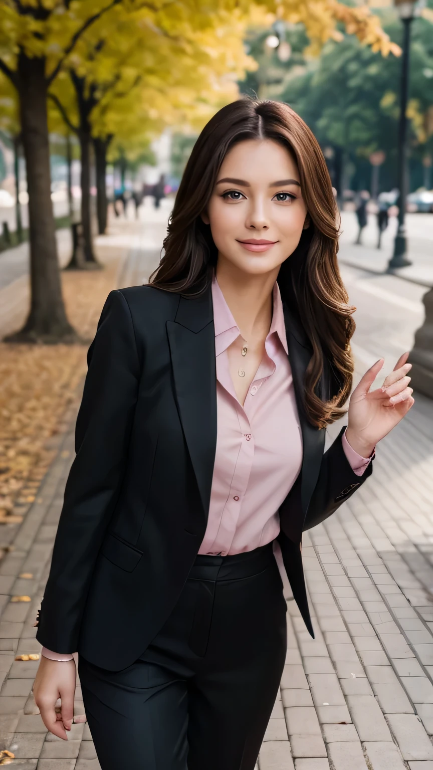 Realistic full body photo of a smiling, beautiful brunette business woman with long hair, She dances in front of the camera in a black elegant suit with a pink shirt  ...., fine fabrics, Park,glamour fotoshooting, Park, perfect anatomy, perfect brown eyes. Perfect hands with 5 fingers on each hand, Suitable woman, looking at the camera, 1 Frau. (Eye make up:1.1), (highly detailed skin:1.1), spirit, analog style, keen focus, 8K  UHD, dslr, good quality, Fujifilm XT3, Grain, Award-winning, ​masterpiece. Park