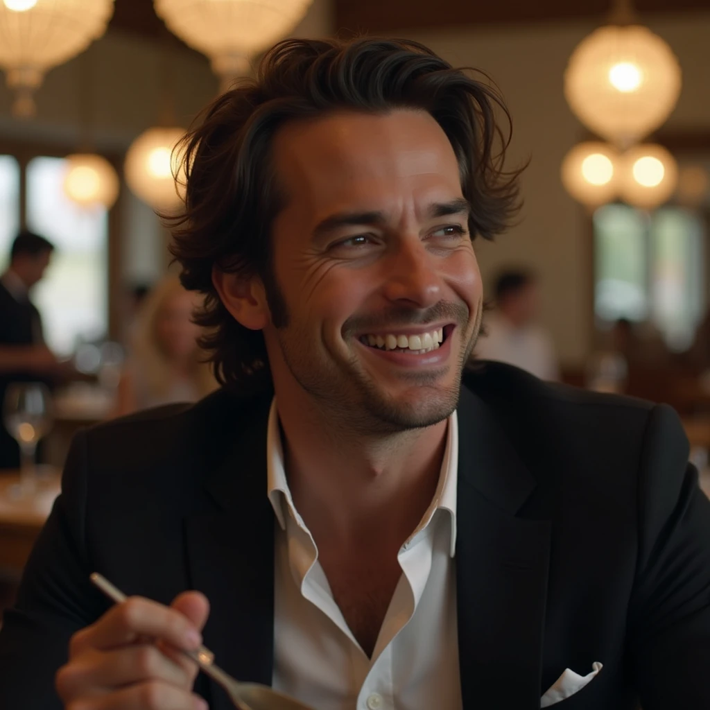 A photo of Roman at a high-end brunch spot,original,Roman Roy, from the TV series “Succession,” often presents a disheveled yet stylish look, reflecting his mix of casual indifference and corporate lifestyle, typically seen in designer suits worn with a nonchalant flair. He has a boyish charm with a mischievous smile, adding to his persona as the family’s unpredictable and irreverent playboy. , male