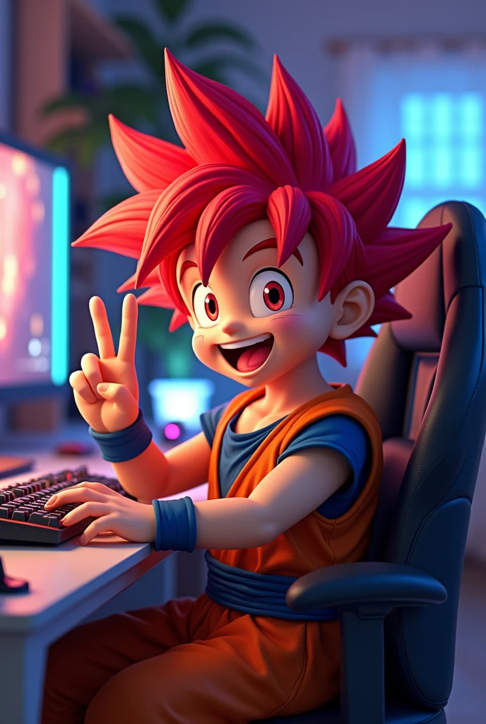 Goku kid with a gaming PC red hair make a v with his fingers