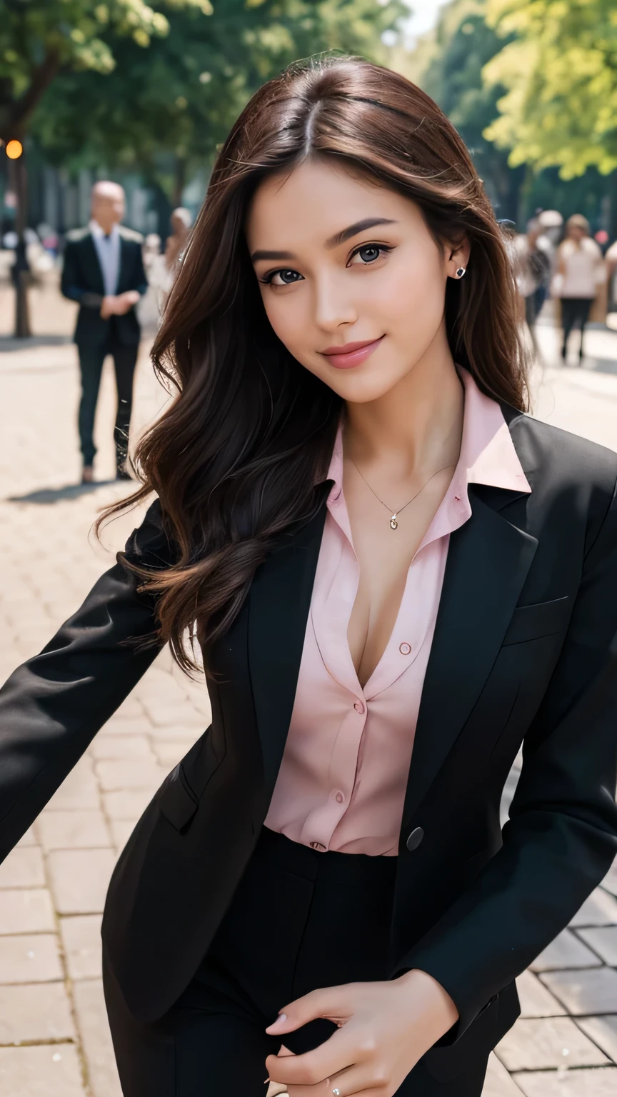 Realistic full body photo of a smiling, beautiful brunette business woman with long hair, She dances in front of the camera in a black elegant suit with a pink shirt ...., fine fabrics, Park,glamour fotoshooting, Park, perfect anatomy, perfect brown eyes. Perfect hands with 5 fingers on each hand, Suitable woman, looking at the camera, 1 Frau. (Eye make up:1.1), (highly detailed skin:1.1), spirit, analog style, keen focus, 8K UHD, dslr, good quality, Fujifilm XT3, Grain, Award-winning, masterpiece. Park