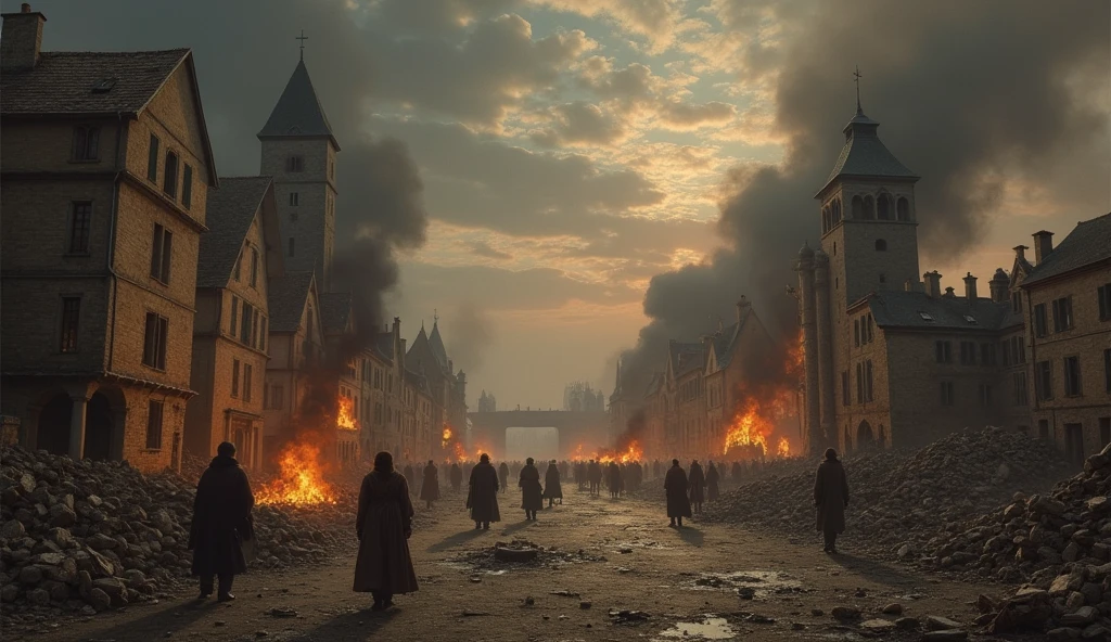A dramatic depiction of a French medieval city ravaged by the Hundred Years' War, capturing the brutal impact of conflict. The scene features crumbling buildings, with smoking ruins and flames consuming remnants of once-grand structures. The streets are littered with debris and scattered personal belongings, as distraught civilians navigate through the devastation. Dark, heavy clouds of smoke hang low over the city, casting an eerie shadow. The damaged cityscape is set against a stormy, foreboding sky, highlighting the relentless chaos and suffering. Edmund Blair Leighton's evocative style enhances the cinematic and dark atmosphere, portraying the profound devastation and human cost of the war., Surrealism, Hyperrealism, UHD, retina, masterpiece, accurate, anatomically correct, textured skin, super detail, best quality, 16k
