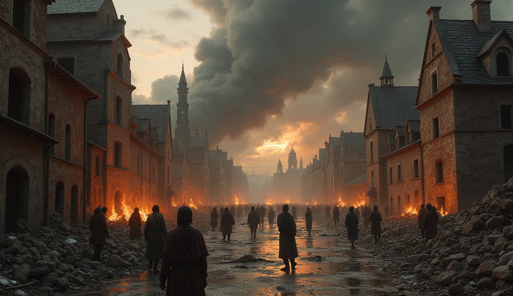 A dramatic depiction of a French medieval city ravaged by the Hundred Years' War, capturing the brutal impact of conflict. The scene features crumbling buildings, with smoking ruins and flames consuming remnants of once-grand structures. The streets are littered with debris and scattered personal belongings, as distraught civilians navigate through the devastation. Dark, heavy clouds of smoke hang low over the city, casting an eerie shadow. The damaged cityscape is set against a stormy, foreboding sky, highlighting the relentless chaos and suffering. Edmund Blair Leighton's evocative style enhances the cinematic and dark atmosphere, portraying the profound devastation and human cost of the war., Surrealism, Hyperrealism, UHD, retina, masterpiece, accurate, anatomically correct, textured skin, super detail, best quality, 16k