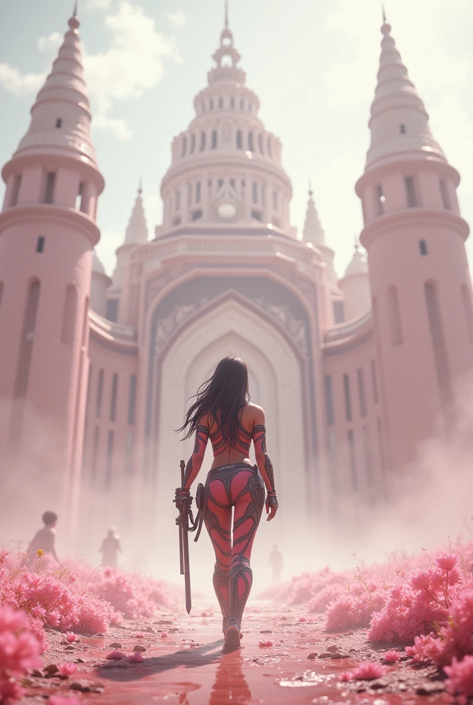 Create a female soldier heading towards a huge fortress with three large interconnected towers and walls in a soft pink shade, almost white