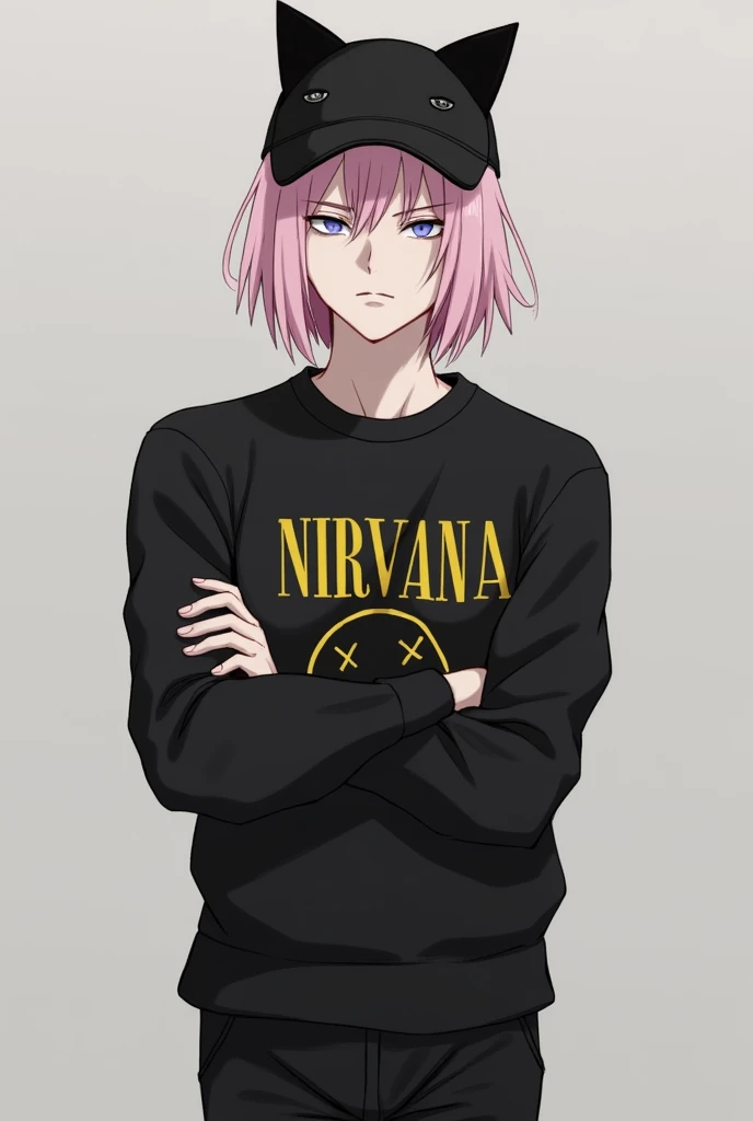 Man with medium short pastel pink hair with a black sweater that says nirvana and black pants with a hat with black cat ears also with his arms crossed looking straight ahead seriously you can see him with big breasts 🫦 Without a beard