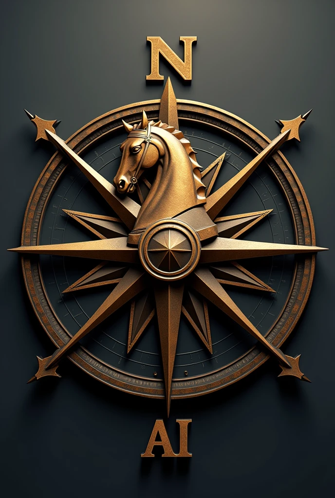 logo en 2D qui représente une boussole élégante avec les directions Nord, Est, Ouest et Sud clairement indiquées. Au centre de la boussole, placez un cavalier d'échecs agressif, avec une attention particulière à ce que le cheval ait une posture puissante et déterminée. Sur le socle du cavalier, inscrivez clairement « AI » en utilisant une typographie qui reflète la modernité et la technologie. Le design doit évoquer le prestige et le sérieux, en utilisant une palette de couleurs dorées et métalliques pour souligner la sophistication et l'innovation. Assurez-vous que le cavalier est distinctement un cheval et que l'acronyme "AI" est bien visible pour souligner l'aspect technologique
