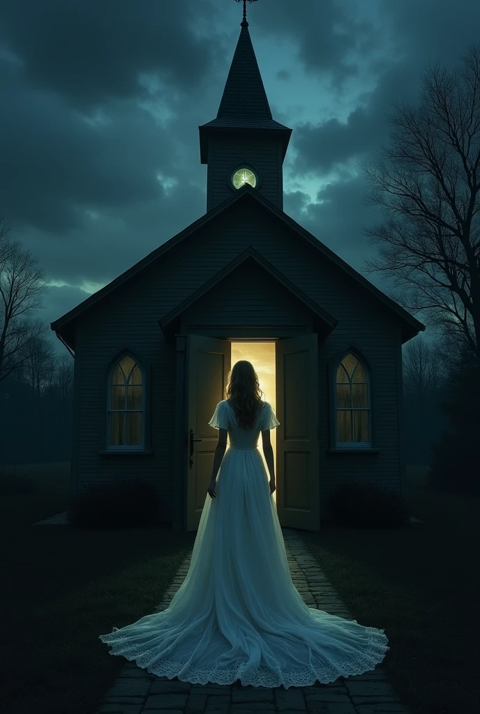Bride behind the church door , dark evening , terror no ar ,