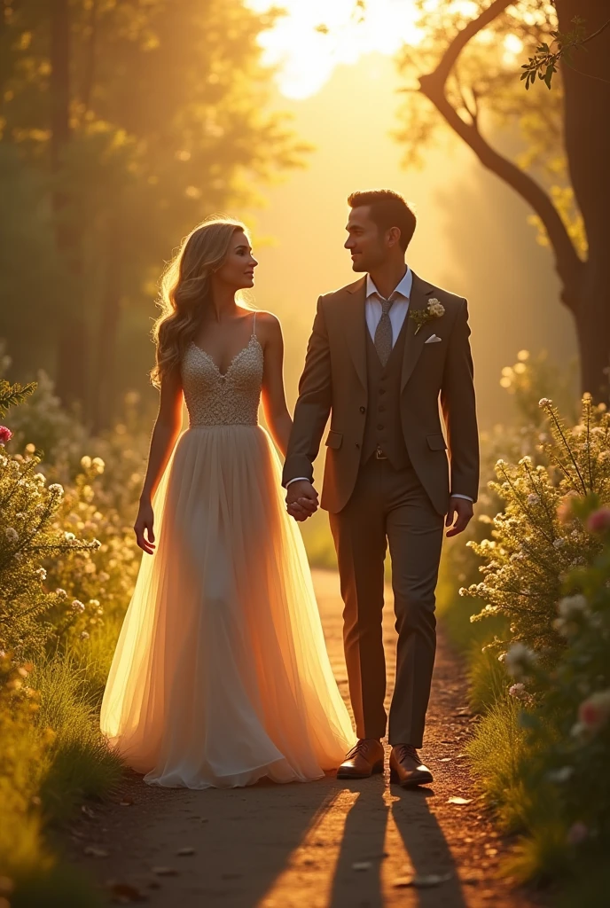 A cute couple, attractive and realistic, The faces of the couple are beautiful and proportional ((face detailed)), woman dressed like a princess, The man is wearing an elegant outfit. Couple is walking in the garden, sol encharcado, roberto ferri and ruan jia, very magical and dreamy, noivos, during golden hour, surrealist image, golden hour sunset lighting, luz solar da hora dourada, shot at golden hour, soft golden hour lighting, sparkling in the sunlight. high qualiy,master part, best qualityer, (extremely detailed CG unit 8k wallpaper), (best qualityer), (best illustration), (best shade), absurderes, realistic lighting, surrealist image