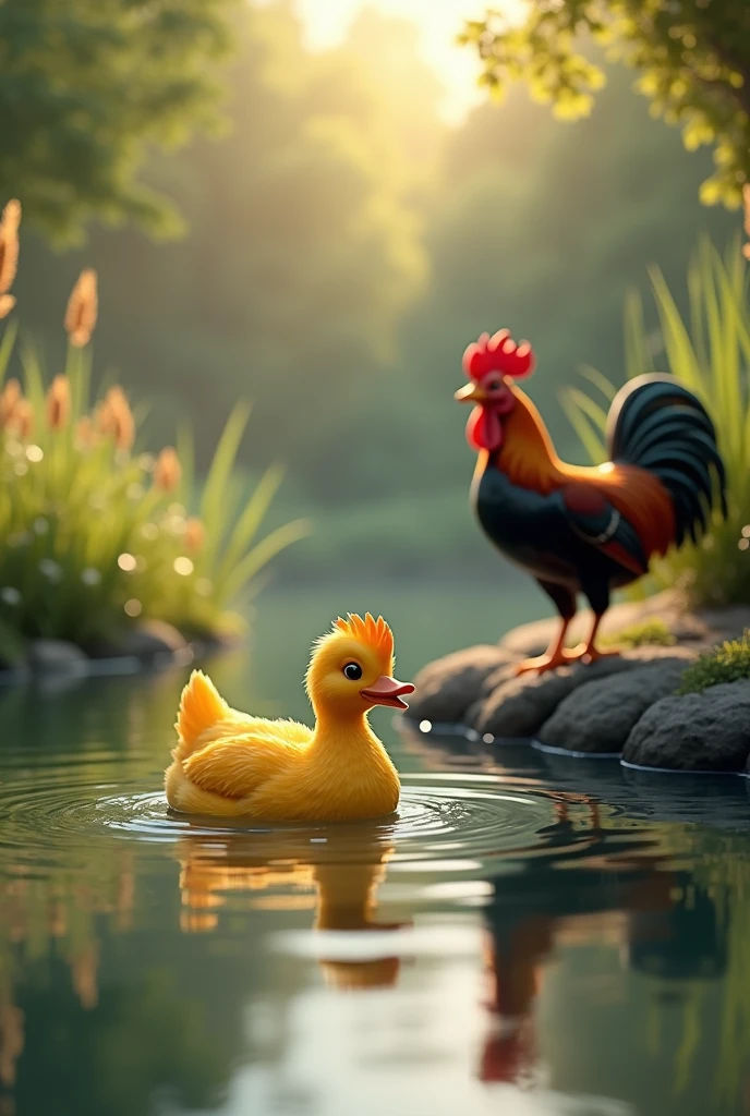 Generate me an image of a yellow duck and a brown and black rooster, the duck that is swimming in the pond and the rooster on the shore pecking