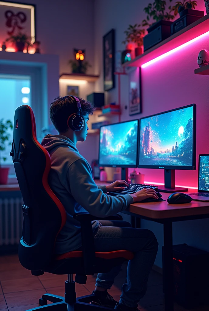 Gamer in front of a gamer room