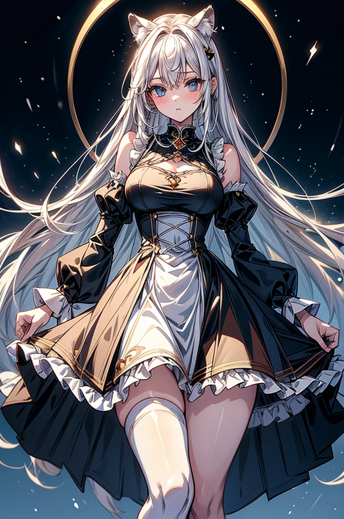 highest quality, ultra high resolution, super detailed, gorgeous, masterpiece, best quality, high resolution finely detailed, extremely beautiful, distinct image, hourglass figure, 1 girl, 2, soft and beautiful facial features, symmetrical face, piercing blue eyes, innocent doe shaped eyes, DD-cup breasts, tall height(185cm), slim and slender curvy body, athletic and flexible physiques, flowing snow-white hair, narrow waist, long legs, modern times background, snow-white skin, hip-level shot, snow-white feline tiger ears, white striped tiger tail protruding out her back, simple sleeveless Maid Uniform