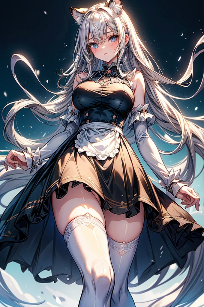 highest quality, ultra high resolution, super detailed, gorgeous, masterpiece, best quality, high resolution finely detailed, extremely beautiful, distinct image, hourglass figure, 1 girl, 2, soft and beautiful facial features, symmetrical face, piercing blue eyes, innocent doe shaped eyes, DD-cup breasts, tall height(185cm), slim and slender curvy body, athletic and flexible physiques, flowing snow-white hair, narrow waist, long legs, modern times background, snow-white skin, hip-level shot, snow-white feline tiger ears, white striped tiger tail protruding out her back, simple sleeveless Maid Uniform
