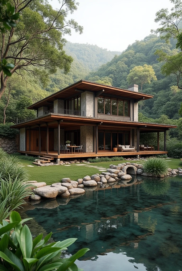 create an architectural project for a modern rustic style farmhouse with Atlantic Forest landscaping and an artificial lake on a 20x50 meter plot
