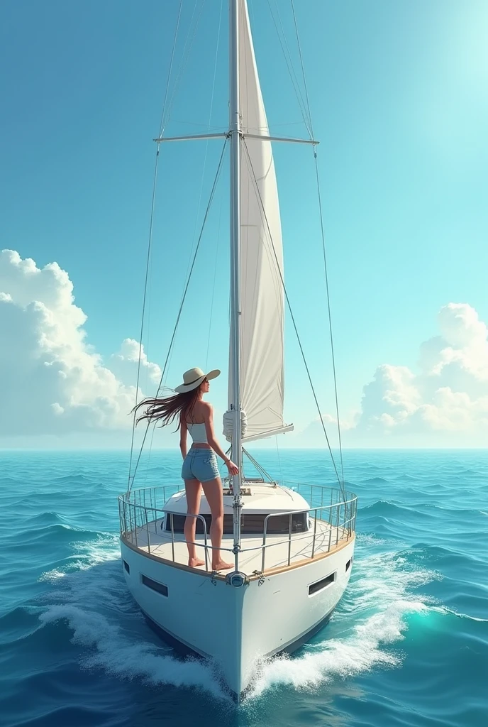 A women aged 25 in the middle of ocean enjoying sailing boat