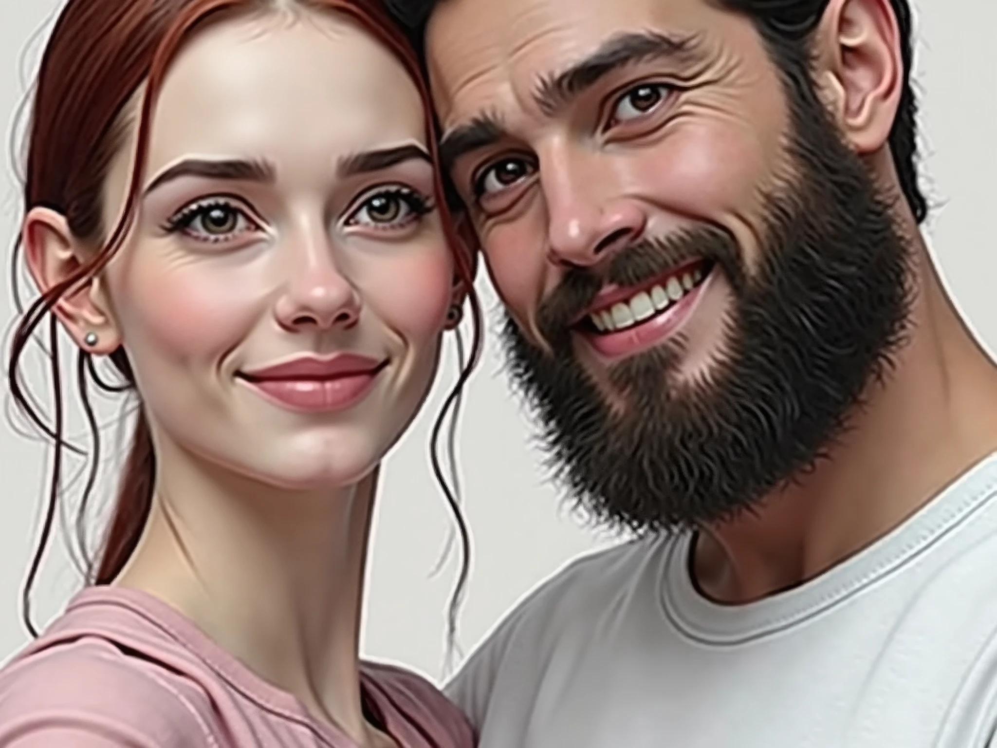 Make a girl with straight red hair hugging a man while they look forward, He has slightly brown hair.