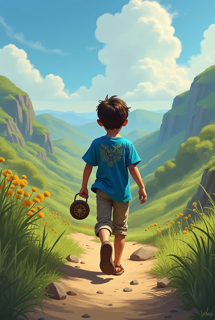 Lucas, a boy in a blue shirt, starting his adventure, following the direction that the compass points.