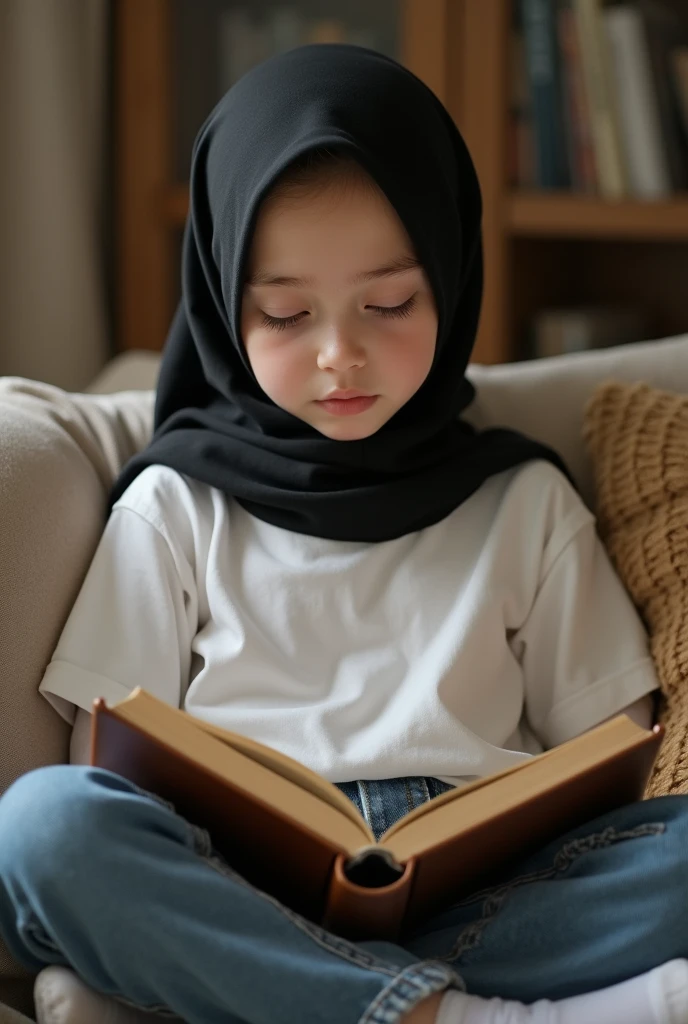 Best quality, masterpiece, ultra high resolution (photorealistic: 1.4), raw photo, 1 girl, European girl,  caucasian girl, cute and adorable girl, teenage girl, wearing black hijab, baggy white t-shirt, baggy jeans, ((white socks)), in her livingroom, reading a book, full body view, Sitting on a couch 