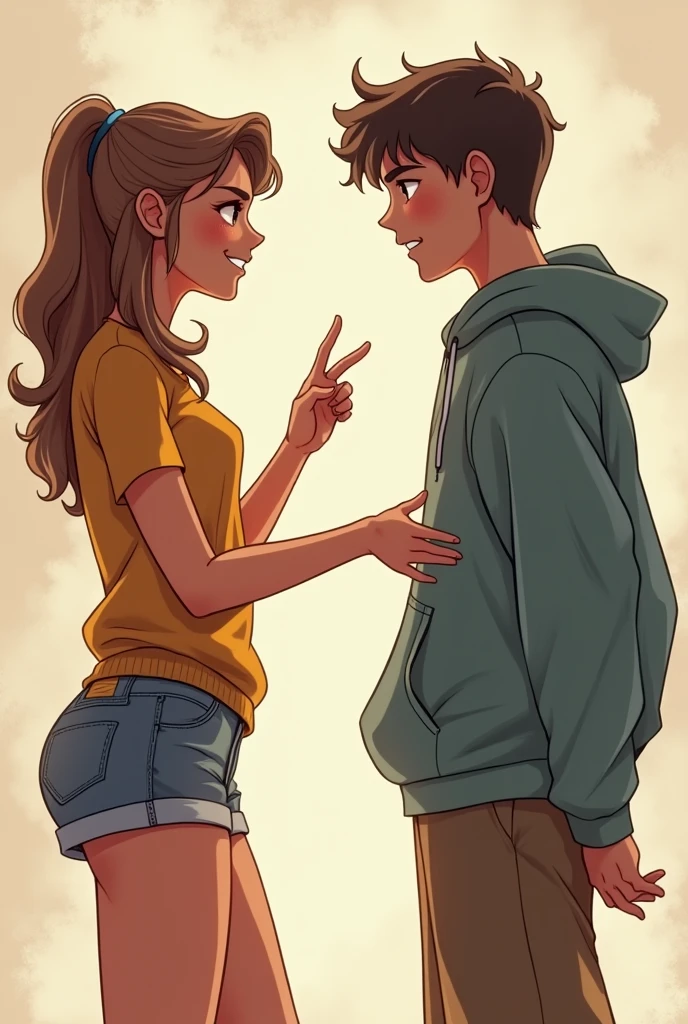 Teenage girl grabbing a teenage man&#39;s buttocks in a sweatshirt and shorts