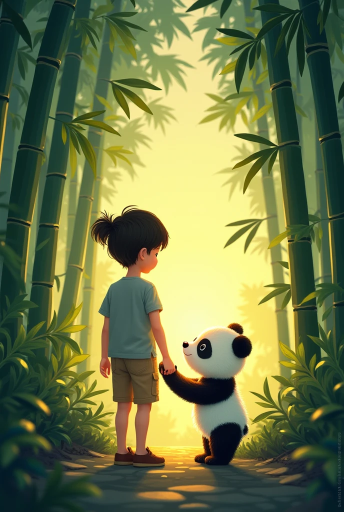 Once upon a time, there was a  named Kai who lived near a magical bamboo forest. One day, Kai stumbled upon a  panda lost in the forest. The baby panda, whom Kai named Pandy, was adorable but scared.

Kai gently approached Pandy, offering some juicy bamboo shoots. Pandy's eyes lit up, and a friendship blossomed. They played hide-and-seek among the bamboo trees, giggling and chasing each other.

As the sun set, Kai and Pandy cuddled up, watching the stars twinkle above. From that day on, Kai and Pandy became inseparable friends, exploring the wonders of the bamboo forest together, their laughter echoing through the trees.