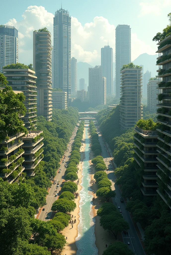 a tecnological brasilian city, with a lot of vegetation, where everyone cares about sustainability, permeable building facade, using the ideology from the book "city of tomorrow", the buildings should have a modernist parede of 1950 until 1950 style, full of green areas, with polution, with poverty, on a sunny day, where every citizan use the public transportation, realistic image as a bird perspective, tiny buildings and with a beach