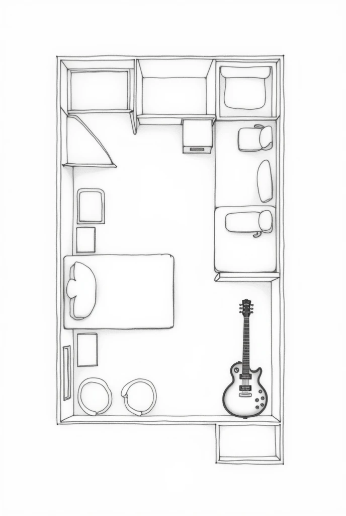 A sketch of a drawing of a room without color and that is of a person who likes the electric guitar without the person and that is a floor plan with a little more furniture seen from above the room that is a personal room without armchairs and with a simple bed