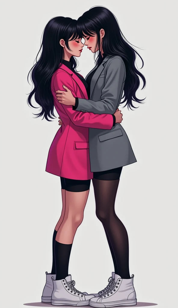 Two young womens long black hair, yuri, same height.

The first young women wear a hot pink suit jacket, The second young women wore a grey suit jacket, they are wearing the black shirts, black pencil skirts, black underpants, long black tights, medium black socks, white sneakers boots.
french kiss, lesbian kiss, huggings, sensual bodies, closed eyes, used one hand lift up the black pencel skirt, light grey background, cartoon novel, 4K, HD