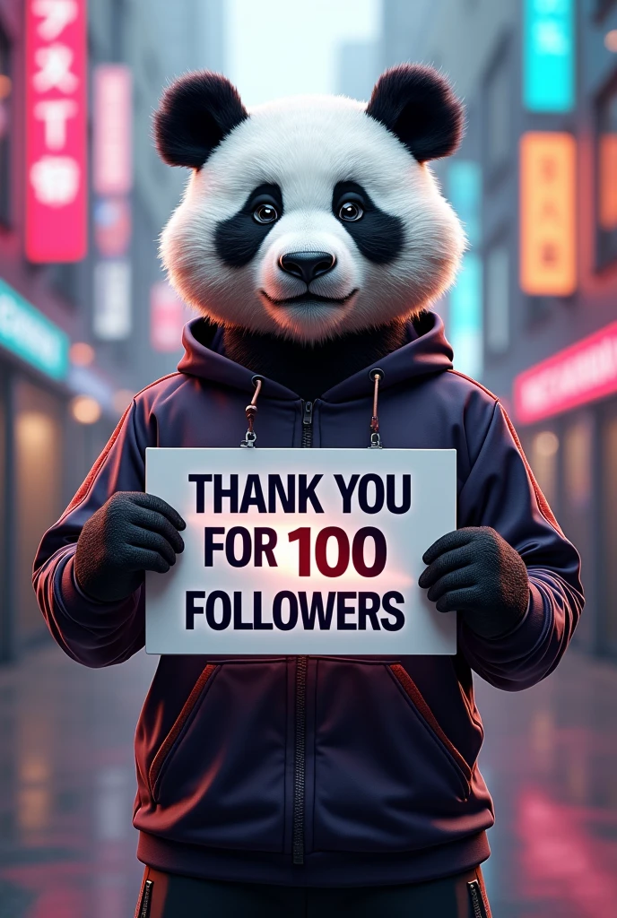 Cool sporty panda with a sign in his hands that says Thank you for 100 followers