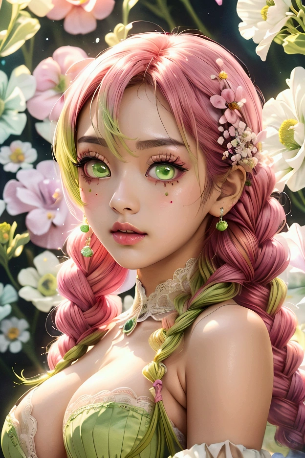 Convert your flower art into illustration.、Create backgrounds with vibrant colors and unique touches The type of flower is statice、Gypsophila、sweet pea、Mix in some lace flowers, big breasts, cleavage, pink hair, green eyes, (green highlights), green braids, standing, contrapposto, sexy pose, thick thighs, thigh highs, lingerie, arms resting behind, ulzzang, big green sparkling eyes like gemstones,