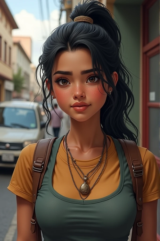 a Venezuelan from the city, king, with black hair tied in a ponytail and black slanted eyes and marked black eyebrows and a chubby face and she is a saleswoman without a model face