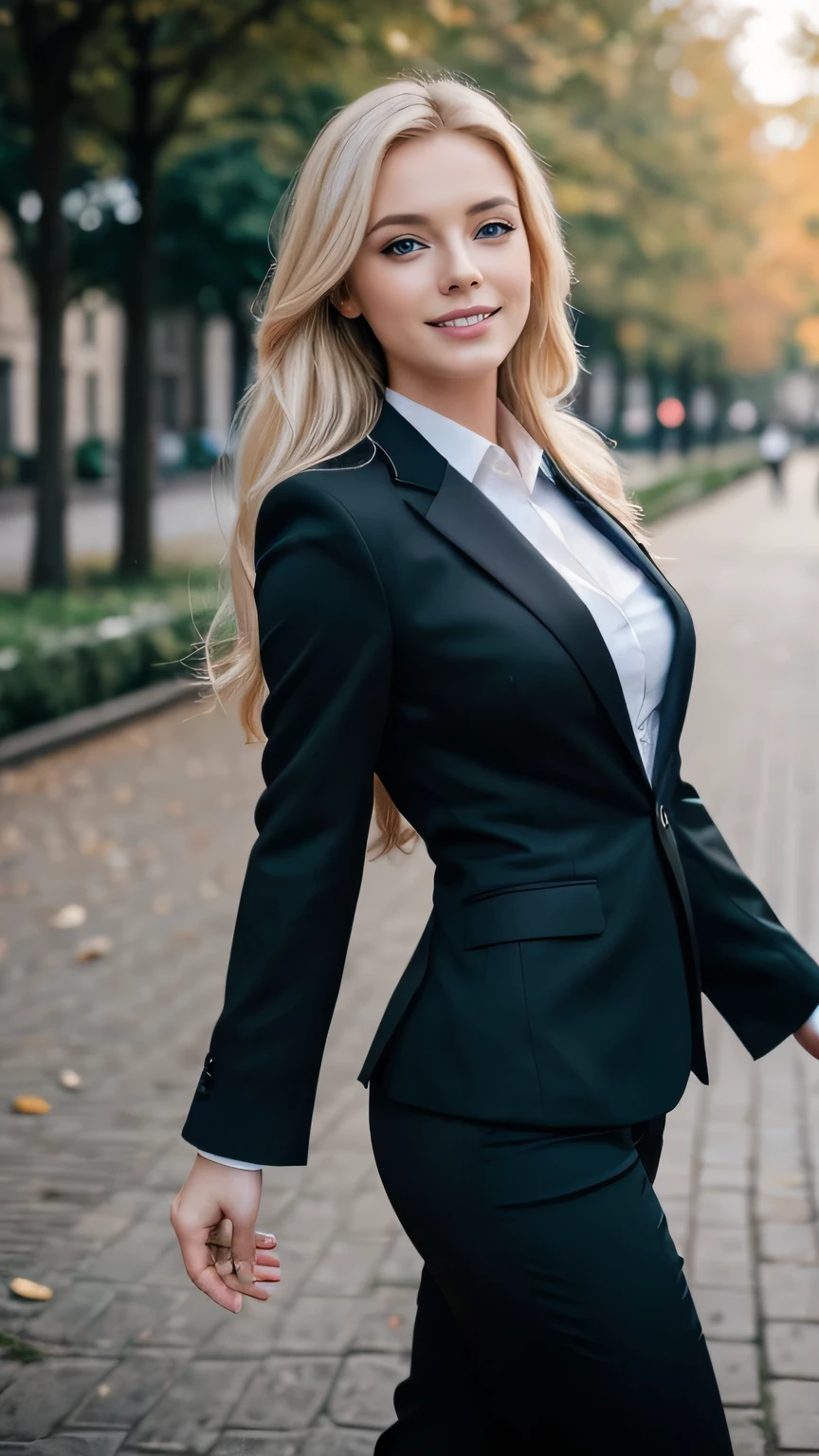 Realistic full body photo of a smiling, beautiful blonde business woman with long hair, She dances in front of the camera in a black elegant suit with a blue shirt ...., fine fabrics, Park,glamour fotoshooting, Park, perfect anatomy, perfect blue eyes. Perfect hands with 5 fingers on each hand, Suitable woman, looking at the camera, 1 Frau. (Eye make up:1.1), (highly detailed skin:1.1), spirit, analog style, keen focus, 8K UHD, dslr, good quality, Fujifilm XT3, Grain, Award-winning, masterpiece. Park