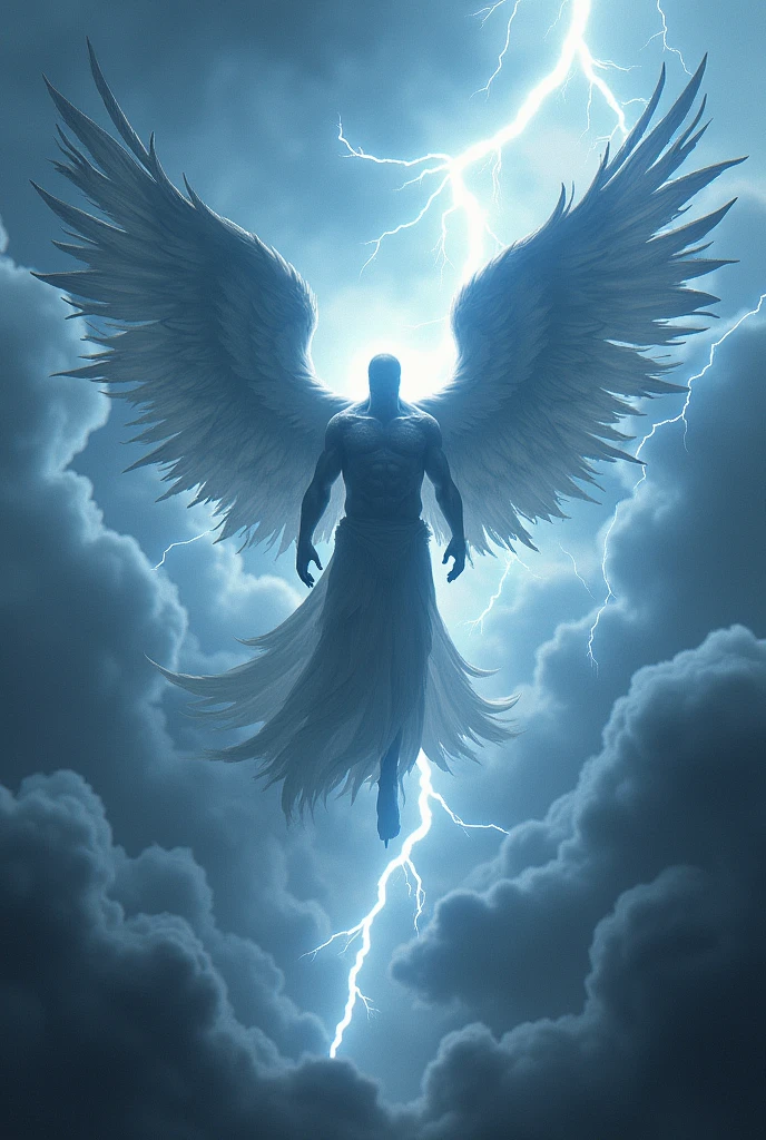 Dark male faceless angel with lightning wings descending from the sky wallpaper 
