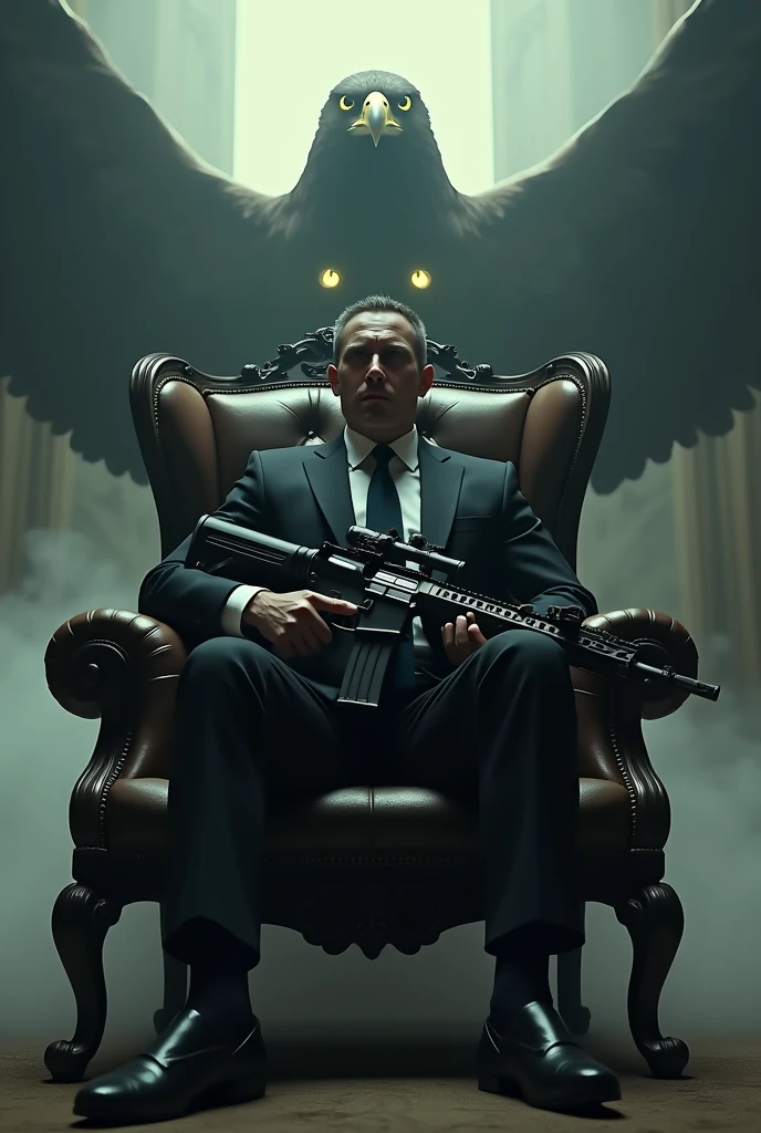 Create a realistic image where a man wearing black luxury suit and sitting on king size chair, he's holding a m416 gun in his hand, there is smoke in background a shadow of eagle and eagle eyes is glowing in yellow colour. In background the name "chico" is showing in bold letters effects just attached above the chair the head of the character as per his name.