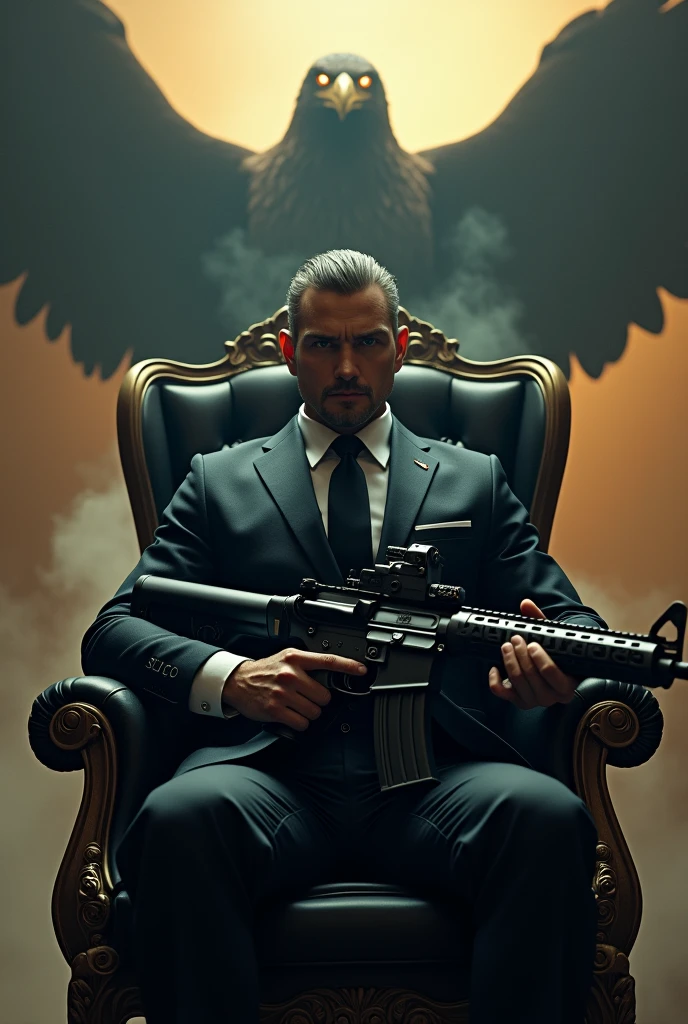 Create a realistic image where a man wearing black luxury suit and sitting on king size chair, he's holding a m416 gun in his hand, there is smoke in background a shadow of eagle and eagle eyes is glowing in yellow colour. In background the name "chico" is showing in bold letters effects just attached above the chair the head of the character as per his name.