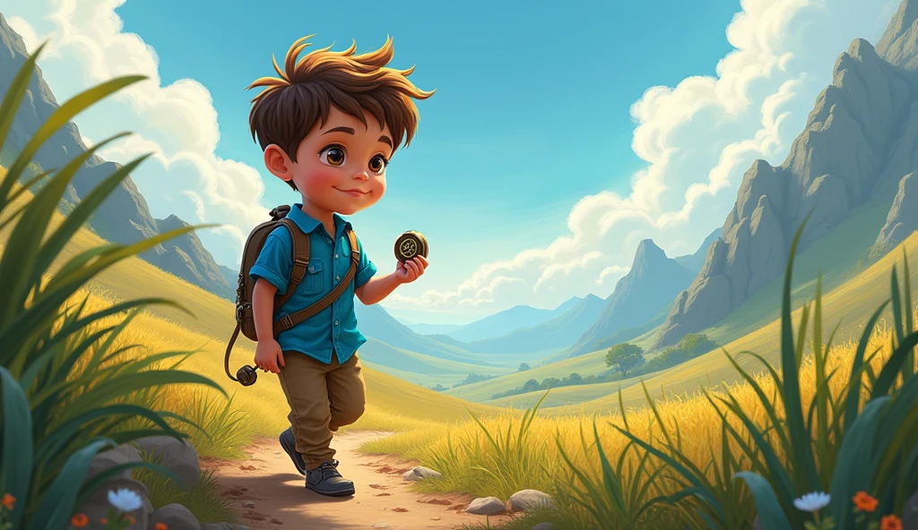 Lucas, a boy in a blue shirt, starting his adventure, following the direction that the compass points.