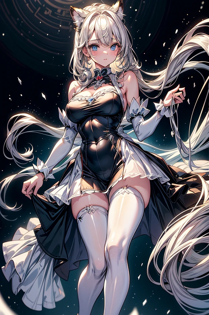 highest quality, ultra high resolution, super detailed, gorgeous, masterpiece, best quality, high resolution finely detailed, extremely beautiful, distinct image, hourglass figure, 1 girl, 2, soft and beautiful facial features, symmetrical face, piercing blue eyes, innocent doe shaped eyes, DD-cup breasts, tall height(190cm), slim and slender curvy body, athletic and flexible physiques, flowing snow-white hair, narrow waist, long legs, modern times background, snow-white skin, hip-level shot, snow-white feline tiger ears, white striped tiger tail protruding out her back, simple sleeveless Maid Uniform