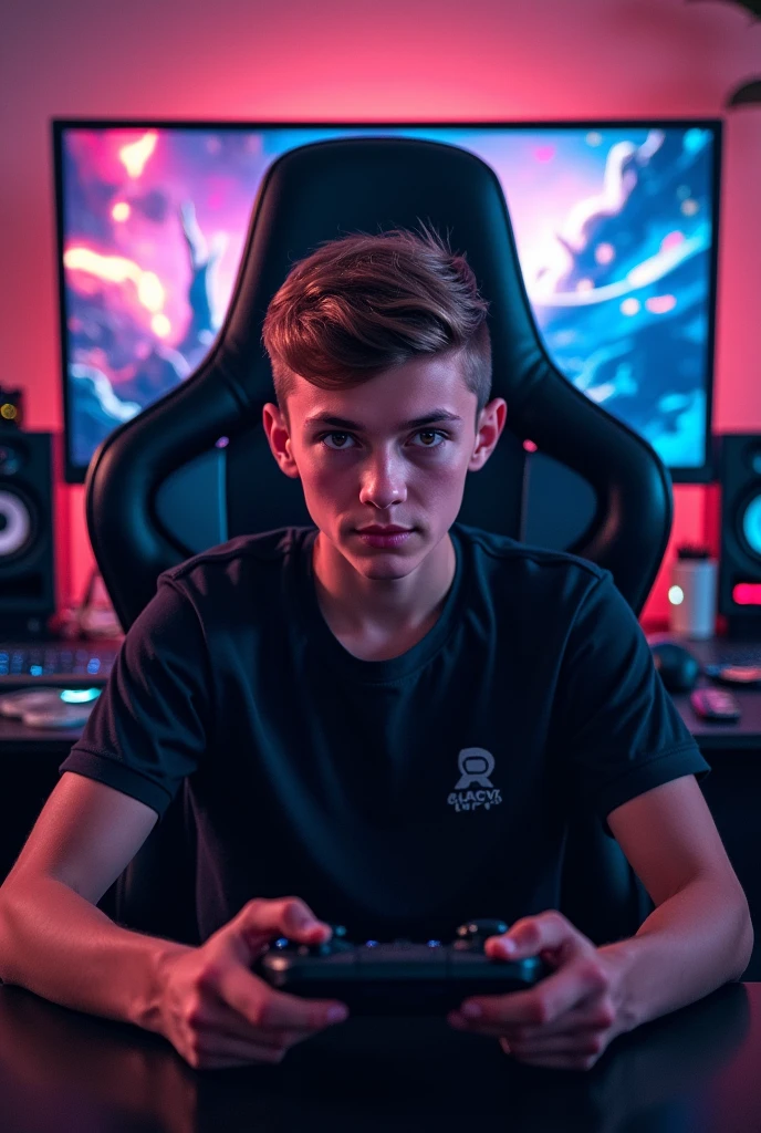 Gamer looking at the camera, with a gaming chair and a video game